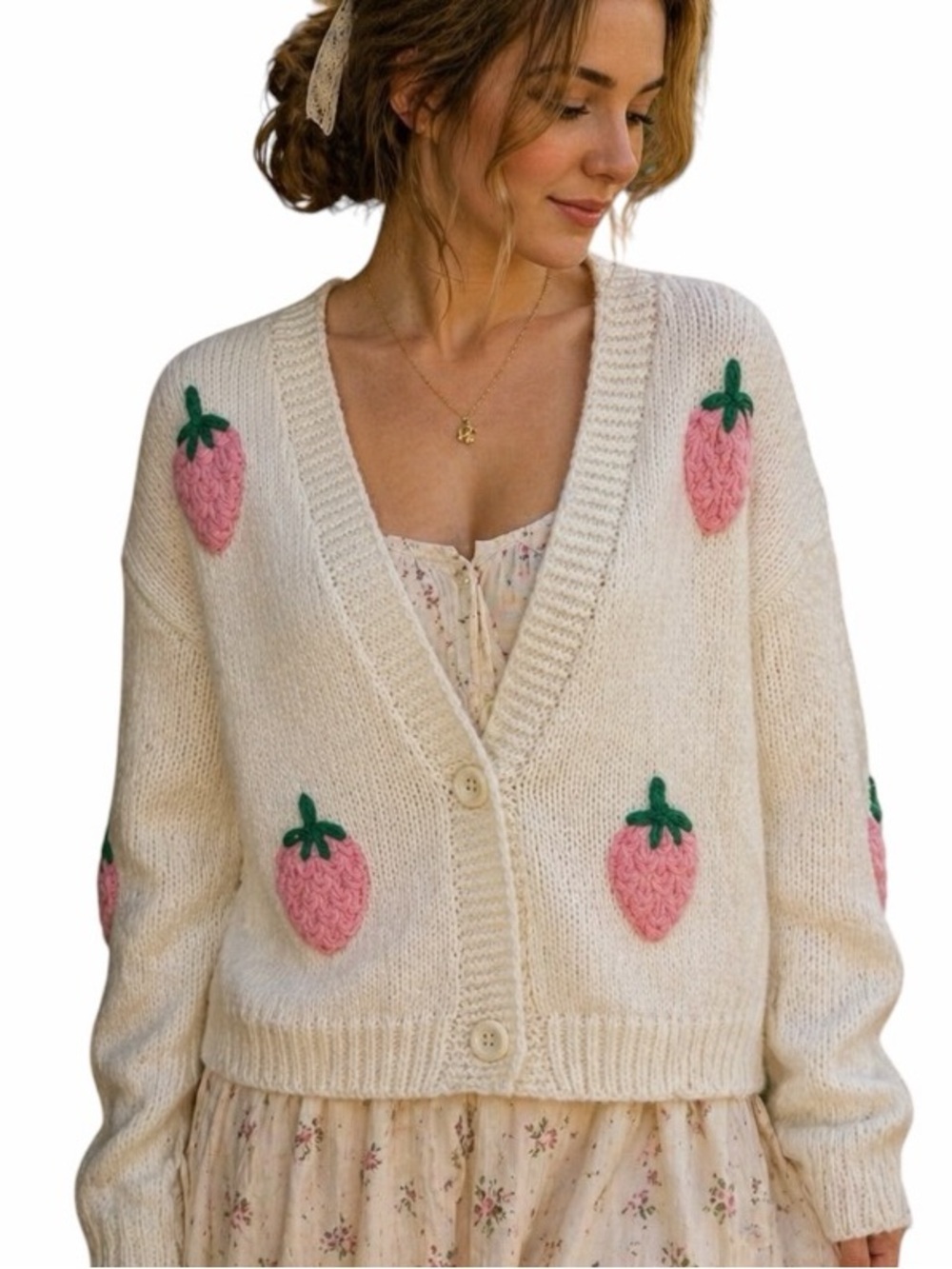 Luna Ivy Medium Cream Oversized Cardigan Sweater Strawberries Cottagecore